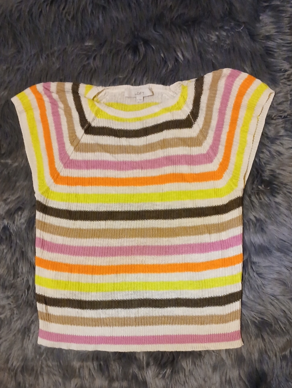 LOFT White Knit Short Sleeve Top with Pink, Orange, Yellow & Brown Stripes